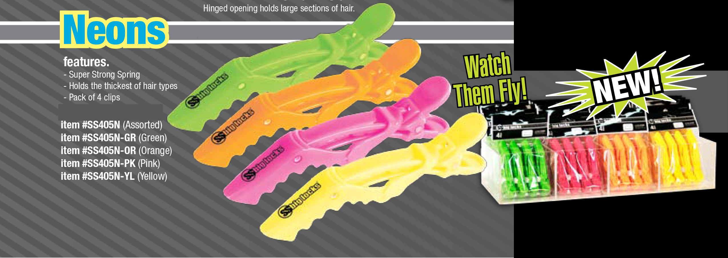 SS405-N-PK--SS Big Locks Crocodile Clips-Neon Colours-4 Per Pack-Neon Pink