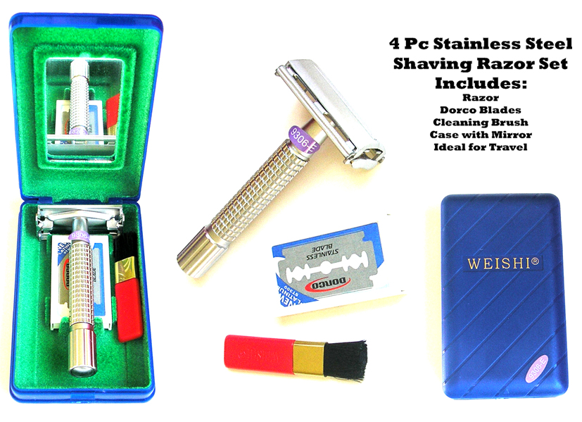 4 Pc Stainless Steel Double Edge Shaving Razor Set-comes in a sturdy ...