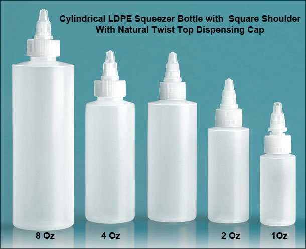 Pack of 36 x 1 Oz (~29.6ml) Cylindrical LDPE Squeezer Bottle with Square Shoulder With Natural Twist Top Dispensing Cap