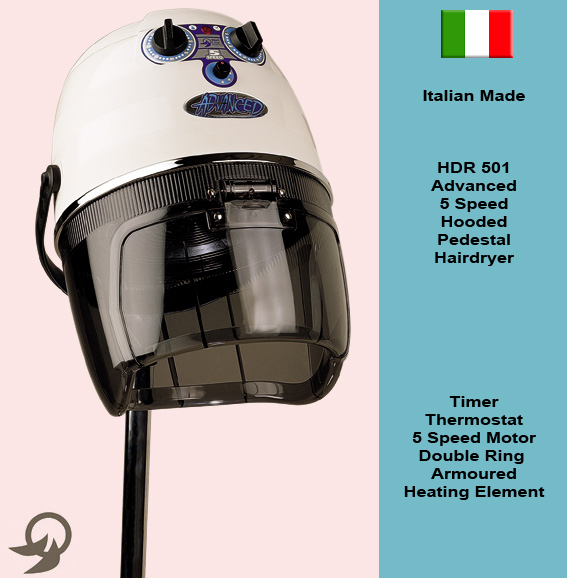 Italian Made "Advanced" 5 Speed Hooded Pedestal Hair Dryer with Timer, Thermostat, 5 Speed Motor and Double ring Armoured Heating Element-available in Black Only