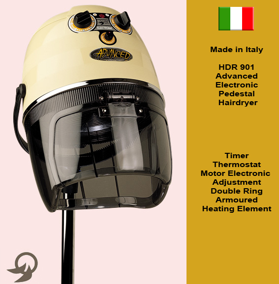 Italian Made "Advanced" Electronic Hooded Pedestal Hair Dryer with Timer, Motor Electronic Adjustment, Thermostat and Double Ring Armoured Heating Element-available in black colour only
