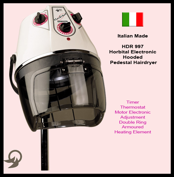 Italian Made "Horbital" Electronic Hooded Pedestal Hair Dryer with Timer, Motor Electronic Adjustment, Thermostat and Double Ring Armoured Heating Element-available in black colour only