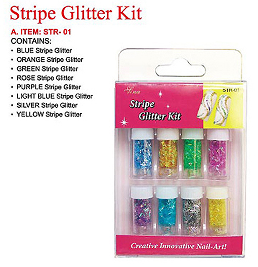 STR-01-Nail Art Glitter Stripe Kit-Contains Blue, Orange, Green, Rose, Purple, Light Blue, Silver and Yellow Stripes