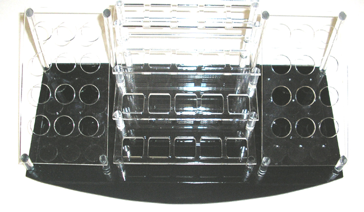 Acrylic Cosmetic/Brush Display Stand #6-4x3 round holes on a slant-5 x 4 square holes on 4 tiers-4x3 round holes on slant