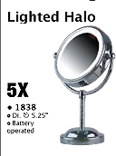Lighted Halo Mirror on Stand-Chrome-5X Magnification-5.25" Dia-Battery Operated